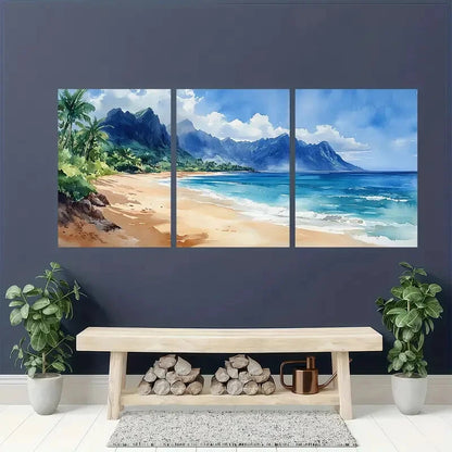 3pcs Hawaii Kauai Na Pali Watercolor Beach Metal Print Ready to Hang Art