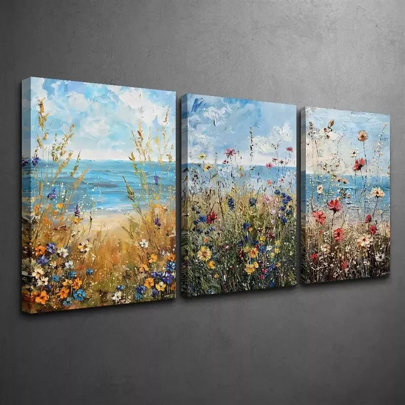3pcs Wildflower & Ocean Beach  Wall Art Set Canvas Framed 50x70cm - High Quality Print 100% Australian Made Wall Canvas Ready to Hang - Bella Home Decor