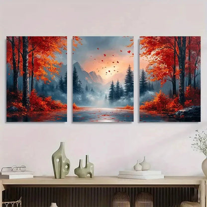 3pcs Vibrant Fall Foliage Misty Mountains Metal Print Ready to Hang Art