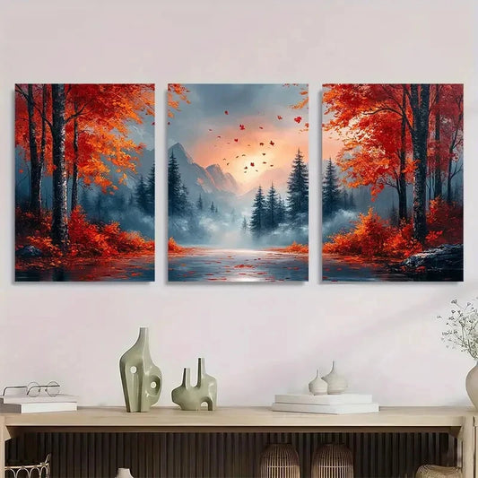 3pcs Vibrant Fall Foliage Misty Mountains Metal Print Ready to Hang Art