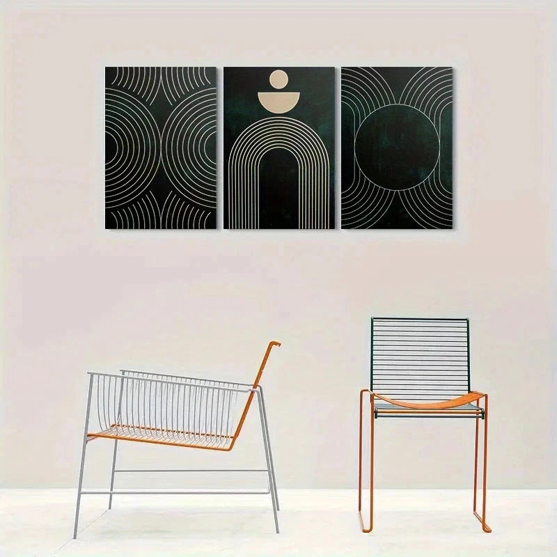 3pcs Abstract Geometric Dark Green Golden Accents Metal Print Ready to Hang Art