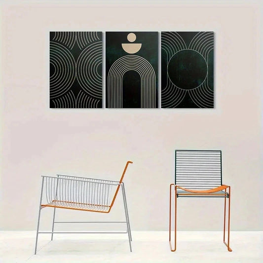 3pcs Abstract Geometric Dark Green Golden Accents Metal Print Ready to Hang Art