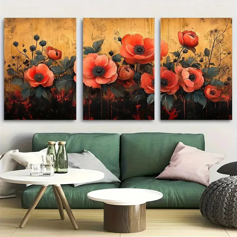3pcs Floral Illustration with Surreal & Red Accent Metal Print Ready to Hang Art