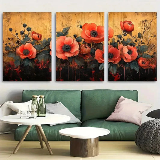 3pcs Floral Illustration with Surreal & Red Accent Metal Print Ready to Hang Art