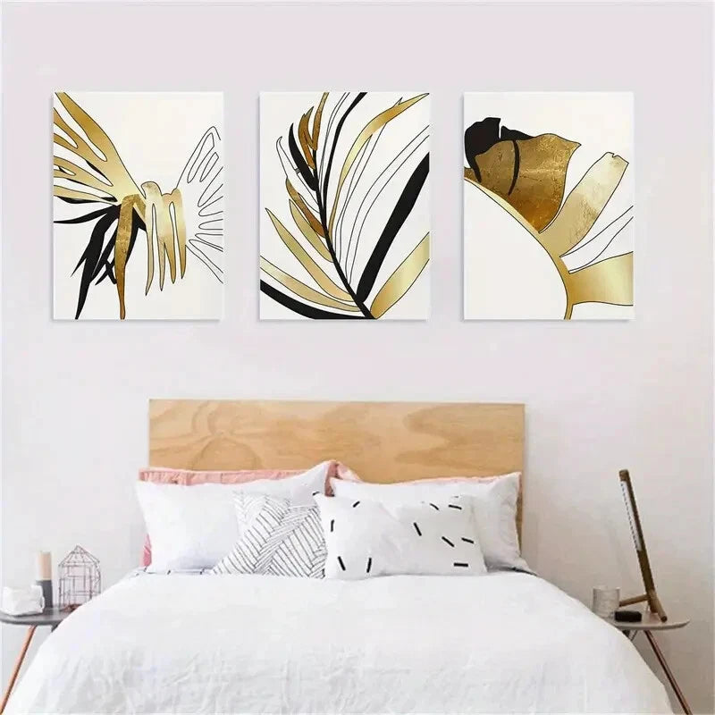 3pcs Black and Golden Modern Botanical Design Metal Print Ready to Hang Art