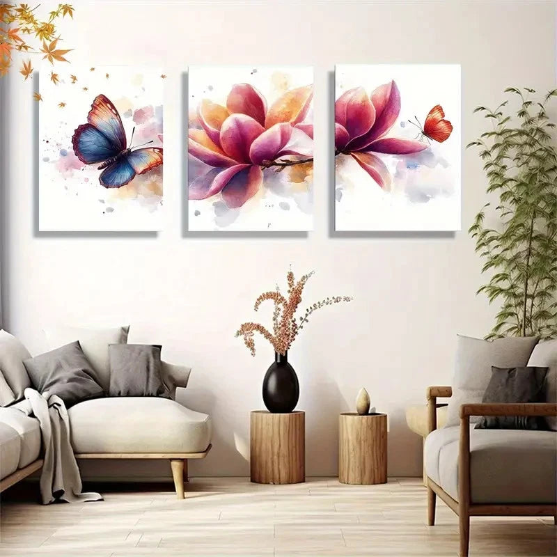 3pcs Butterfly and Floral Red Blue and Yellow Metal Print Ready to Hang Art