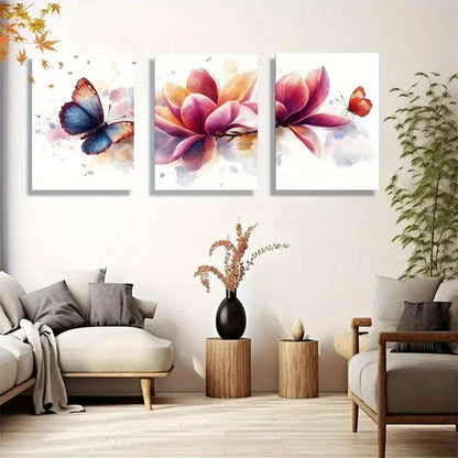 3pcs Butterfly and Floral Red Blue and Yellow Metal Print Ready to Hang Art
