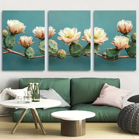 3pcs Prickly Pear Cactus Blooming with Florals Metal Print Ready to Hang Art
