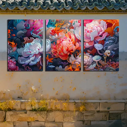 3pcs Vibrant Modern Abstract Flower Illustration Metal Print Ready to Hang Art