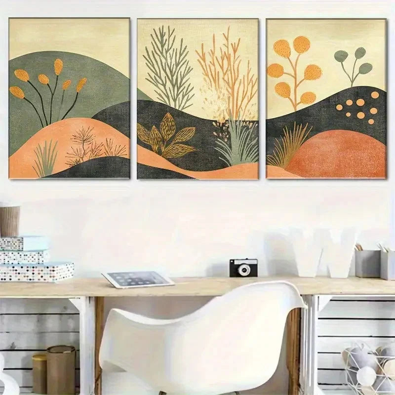 3pcs Earthy Plant Scene with Stone & Water Metal Print Ready to Hang Art