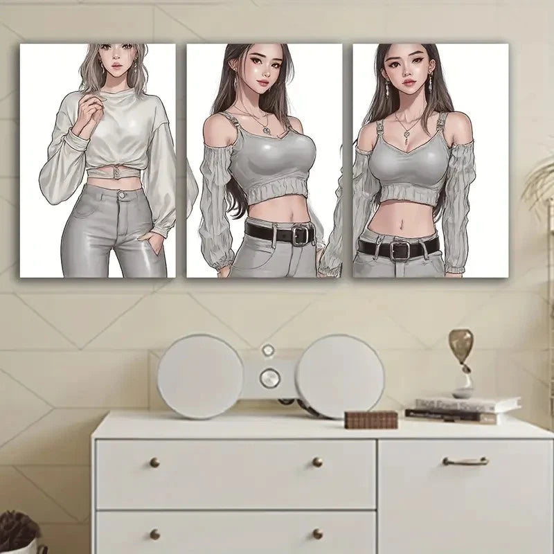 3pcs Modern Lady Abstract Painting Wall Art Set Canvas Framed 50x70cm - High Quality Print 100% Australian Made Wall Canvas Ready to Hang