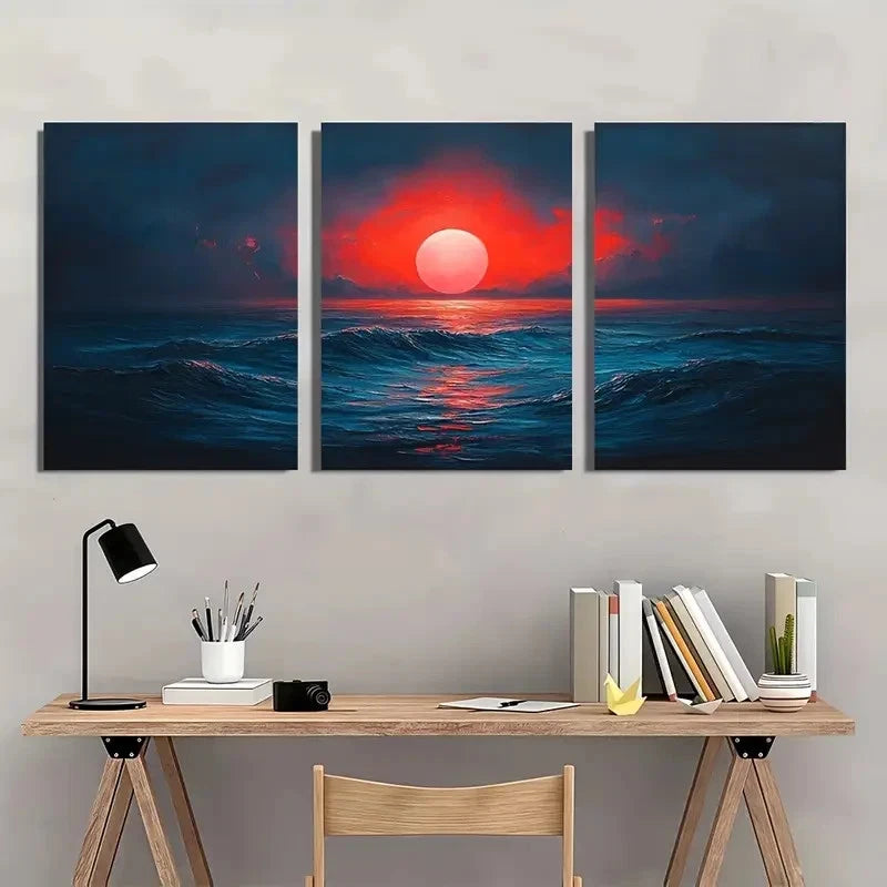 3pcs Mid Century Modern Sunset Wall Art Set Canvas Framed 40x60cm - High Quality Print 100% Australian Made Wall Canvas Ready to Hang