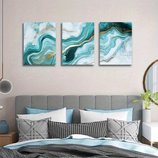 3pcs Teal Golden Marble Abstract Fluid Texture Metal Print Ready to Hang Art