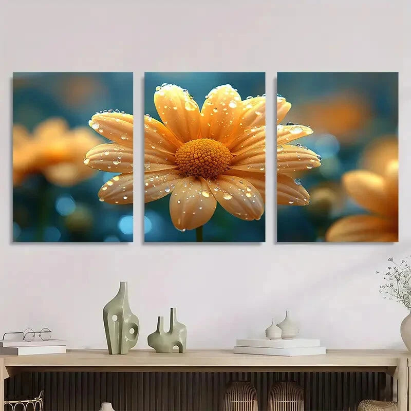 3pcs Vibrant Daisy Blue Water Drops Metal Print Ready to Hang Art
