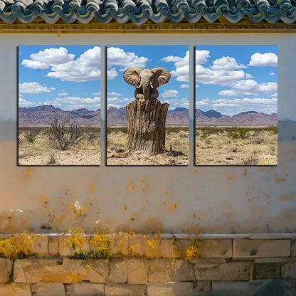 3pcs Elephant on Tree Trunk Illustration Metal Print Ready to Hang Art