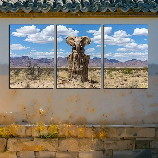 3pcs Elephant on Tree Trunk Illustration Metal Print Ready to Hang Art