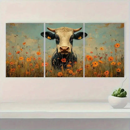 3pcs Rustic Cow And Floral Farmhouse Style Metal Print Ready to Hang Art
