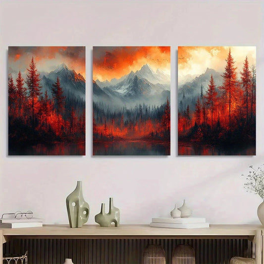3pcs Vibrant Red & Black Scenic Trees and Serene Metal Print Ready to Hang Art