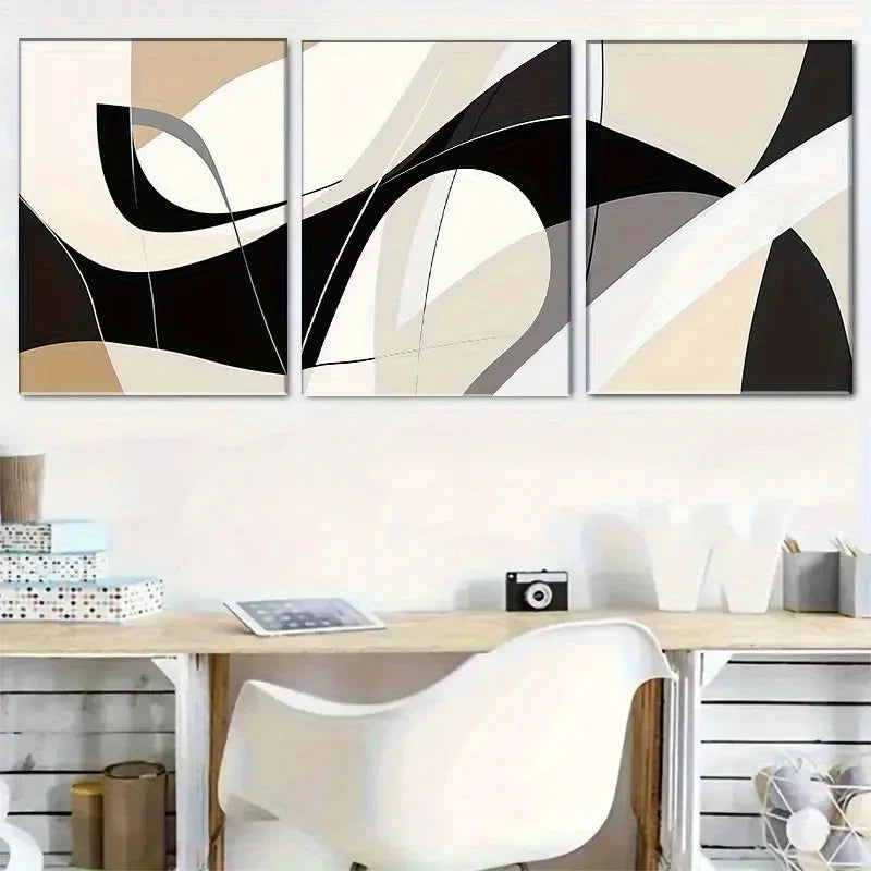 3pcs Black White and Beige Geometric Shapes Metal Print Ready to Hang Art