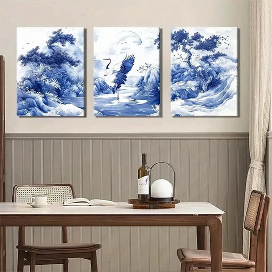 3pcs Traditional Blue and White Elegant Perfect Wall Art Set Canvas Framed 40x60cm - High Quality Print 100% Australian Made Wall Canvas Ready to Hang