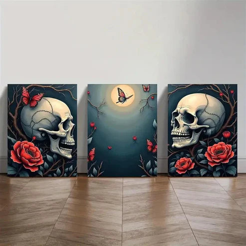 3pcs Gothic Skull and Floral Moonlight Wall Art Set Canvas Unframed - High Quality Print 100% Australian Made Wall Canvas