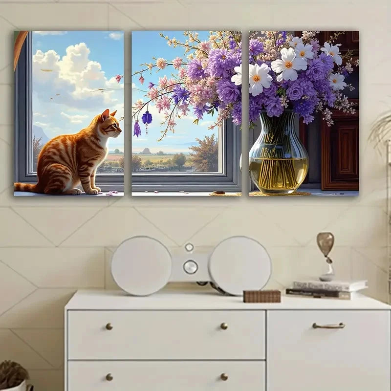 3pcs Cat Sitting On Chair Painting Wall Art Set Canvas Framed 50x70cm - High Quality Print 100% Australian Made Wall Canvas Ready to Hang