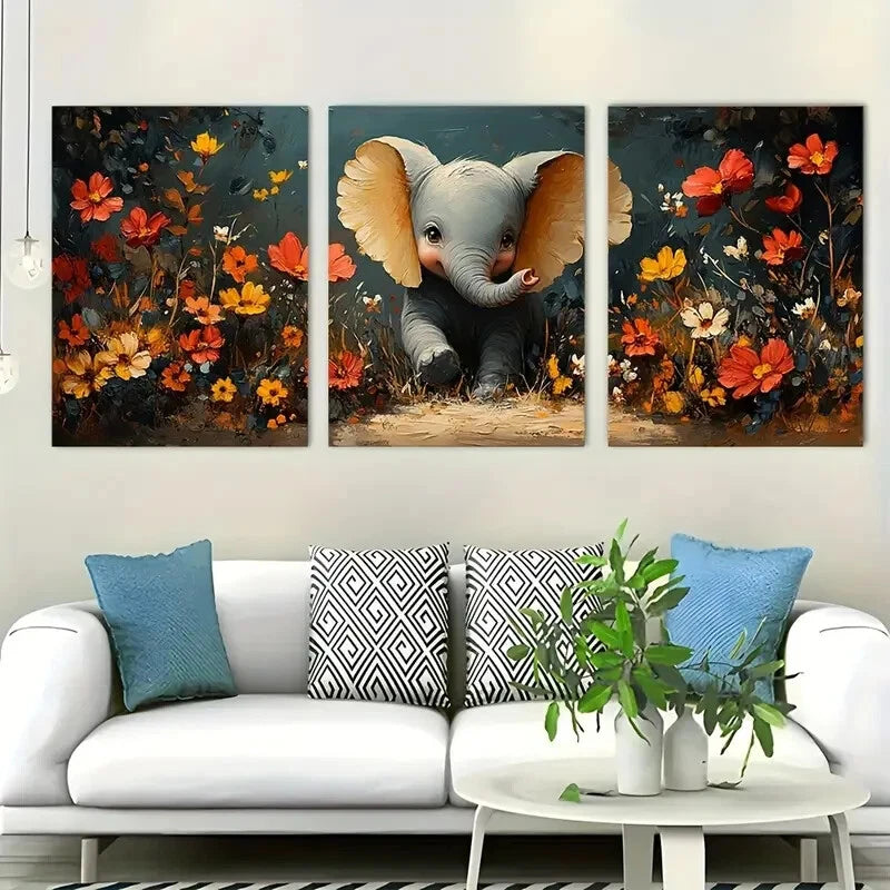 3pcs Playful Elephants Wildflower Perfect Wall Art Set Canvas Framed 40x60cm - High Quality Print 100% Australian Made Wall Canvas Ready to Hang