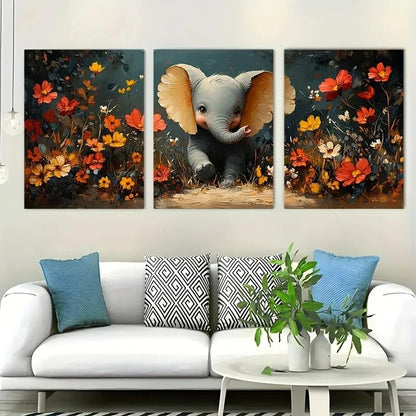 3pcs Playful Elephants Wildflower Perfect Wall Art Set Canvas Framed 40x60cm - High Quality Print 100% Australian Made Wall Canvas Ready to Hang