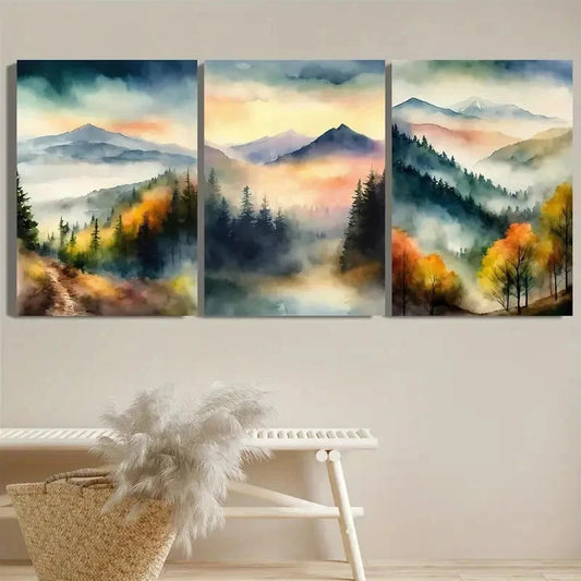 3pcs Tranquil Forest & Mountain Landscape Scenery Metal Print Ready to Hang Art