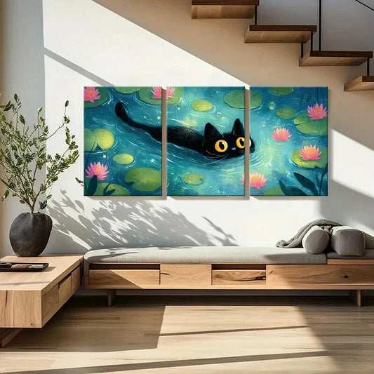 3pcs Black Cat Swimming in for Lotus Pond Metal Print Ready to Hang Art
