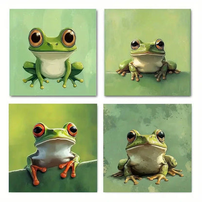 4pcs Whimsical Frog Paintings With Vibrant Color  Wall Art Canvas Framed