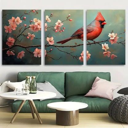 3pcs Red Cardinal with Cherry Blossoms Bird Metal Print Ready to Hang Art