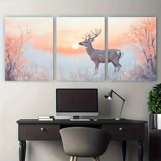 3pcs Graceful Deer under Soft Pastel Sunrise Wall Art Set Canvas Framed 50x70cm - High Quality Print 100% Australian Made Wall Canvas Ready to Hang