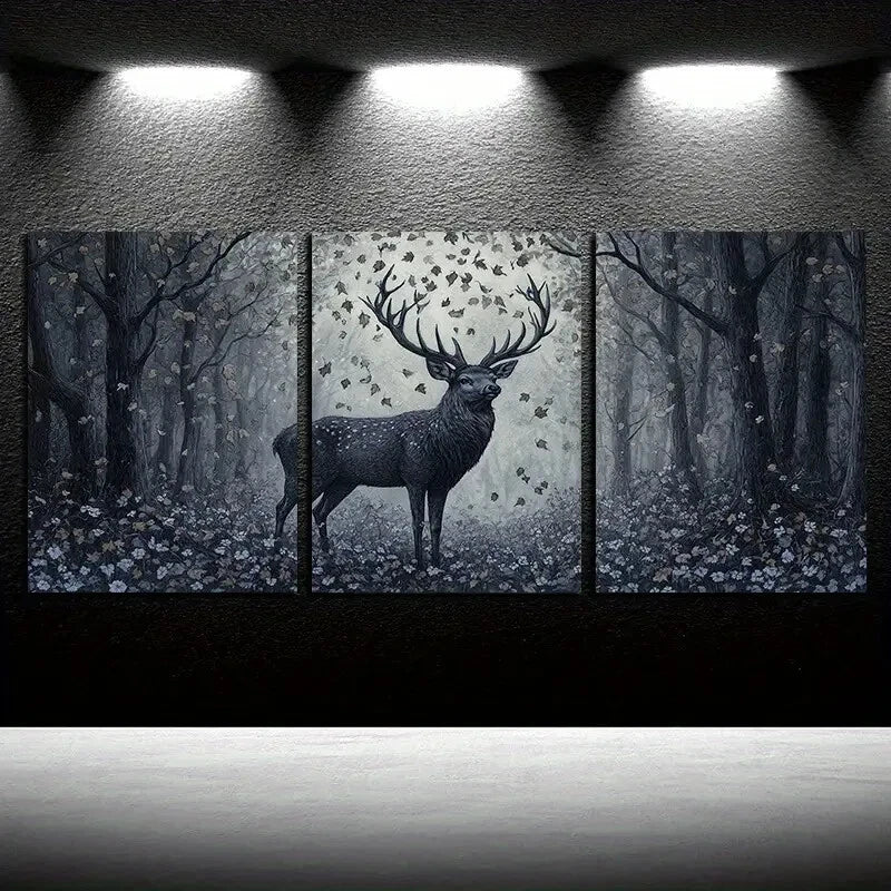 3pcs Leaves Falling on the Forest Deer Dark Theme Metal Print Ready to Hang Art