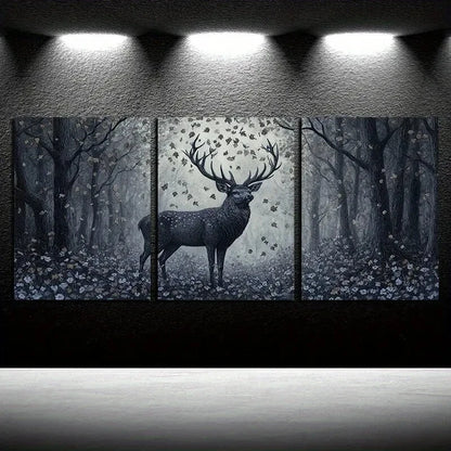 3pcs Leaves Falling on the Forest Deer Dark Theme Metal Print Ready to Hang Art
