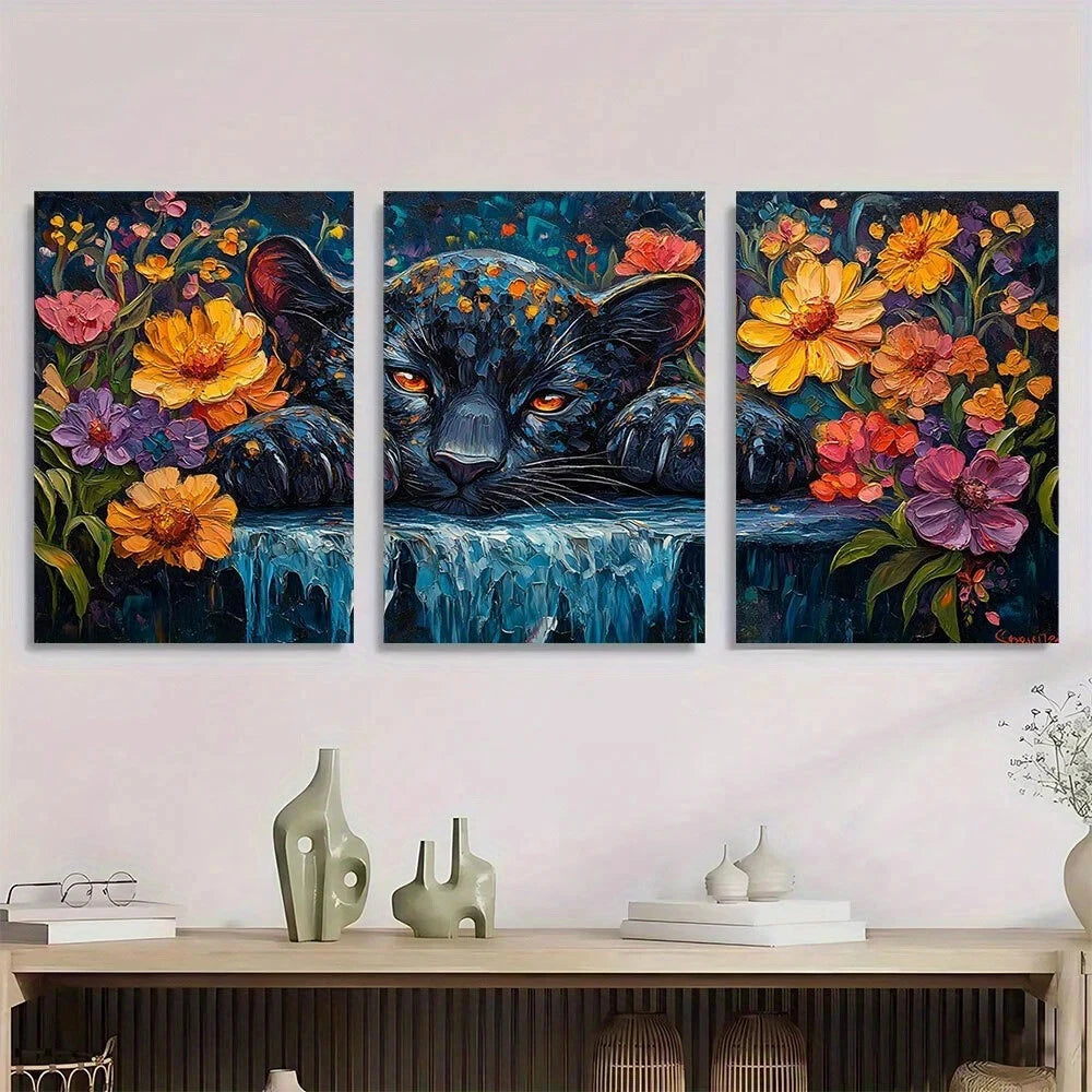 3pcs Black Panther Cub with Waterfall Metal Print Ready to Hang Art