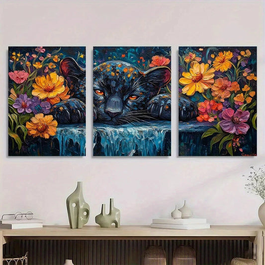 3pcs Black Panther Cub with Waterfall Metal Print Ready to Hang Art