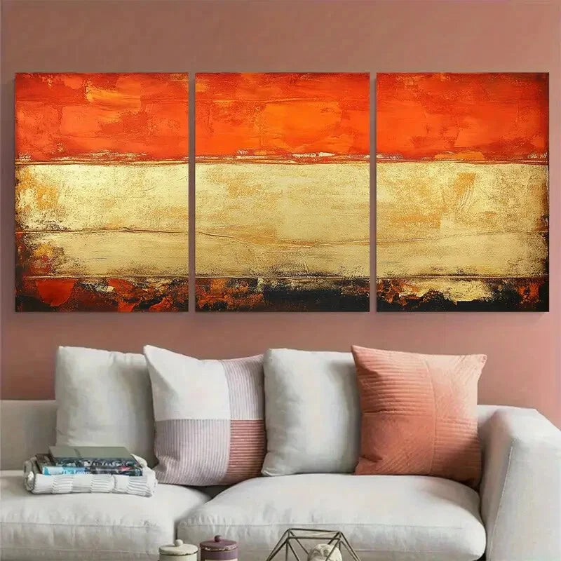 3pcs Abstract Fiery Orange Golden Stripes Metal Print Ready to Hang Art