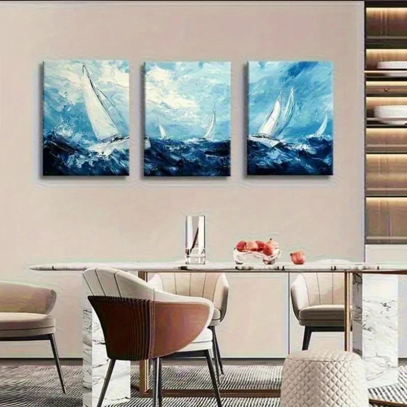 3pcs Blue & White Coastal Abstract Seascape Metal Print Ready to Hang Art