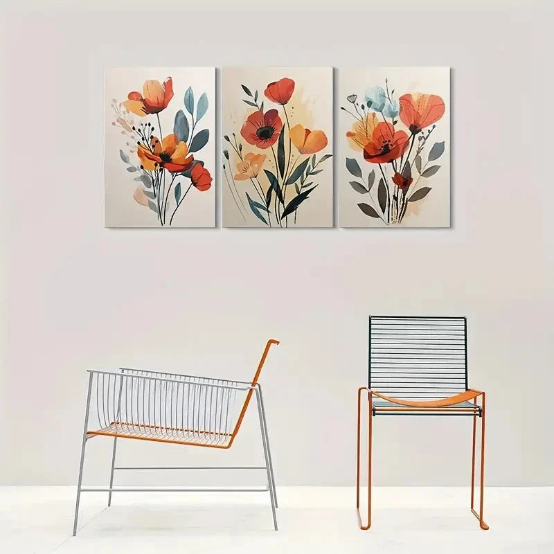 3pcs Orange Red Yellow Flowers with Green Leaves Wall Art Set Canvas Framed 40x60cm - High Quality Print 100% Australian Made Wall Canvas Ready to Hang
