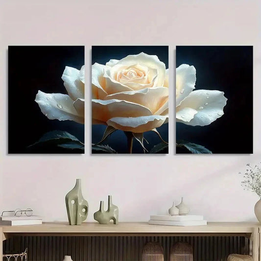3pcs Elegant White Rose Black Metal Print Ready to Hang Art