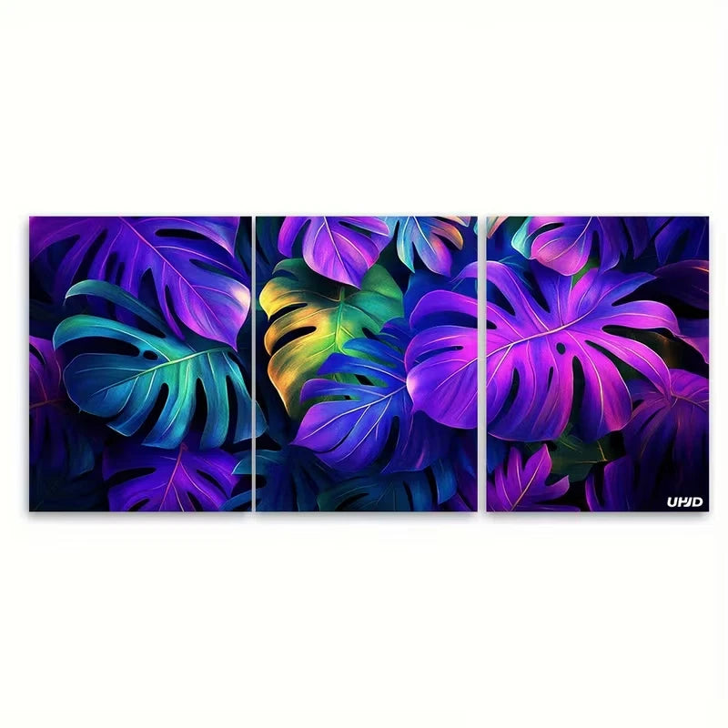 3pcs Tropical Leaves in Purple and Green Metal Print Ready to Hang Art