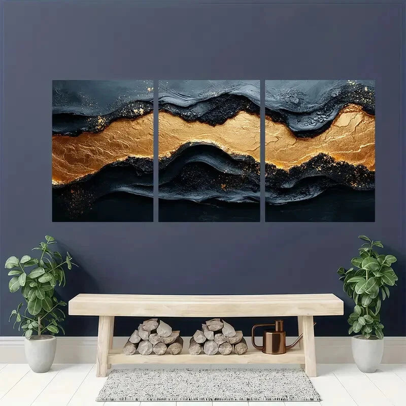 3pcs Modern Abstract Black & Golden Textured Metal Print Ready to Hang Art