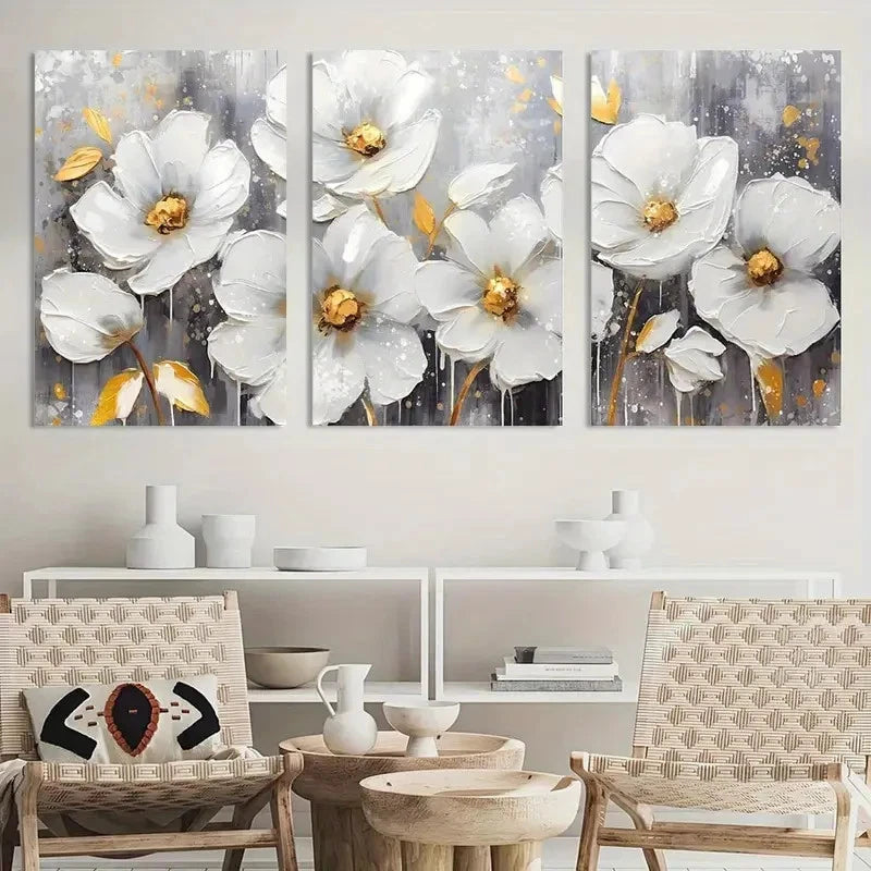 3pcs Painting White Flowers Wall Art Metal Print Ready to Hang Art
