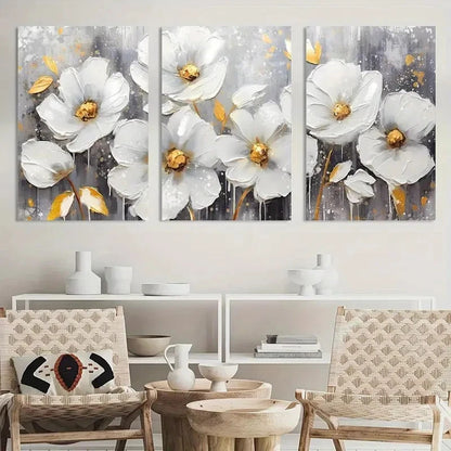 3pcs Painting White Flowers Wall Art Metal Print Ready to Hang Art