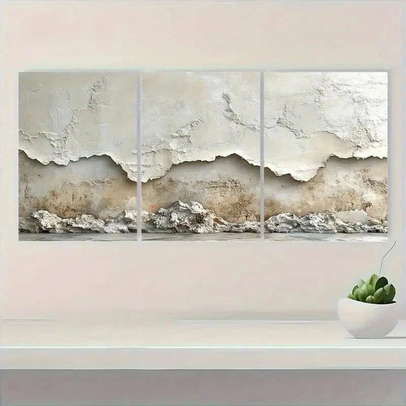 3pcs Minimalist Beige Textured Wall Art Metal Print Ready to Hang Art