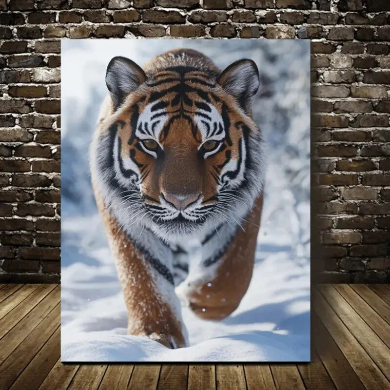 Beautiful Contemporary Tiger in Snow Painting 40x60cm Metal Print Ready to Hang