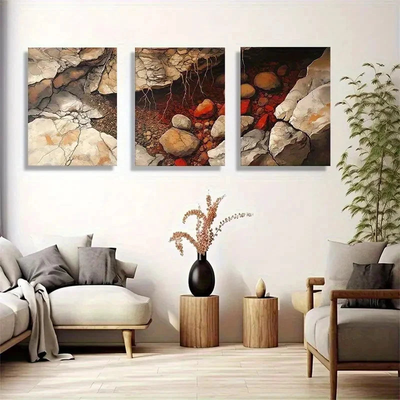 3pcs Abstract Riverbed Rock Soil Tones Wall Art Metal Print Ready to Hang Art