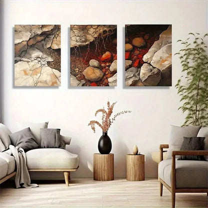 3pcs Abstract Riverbed Rock Soil Tones Wall Art Metal Print Ready to Hang Art