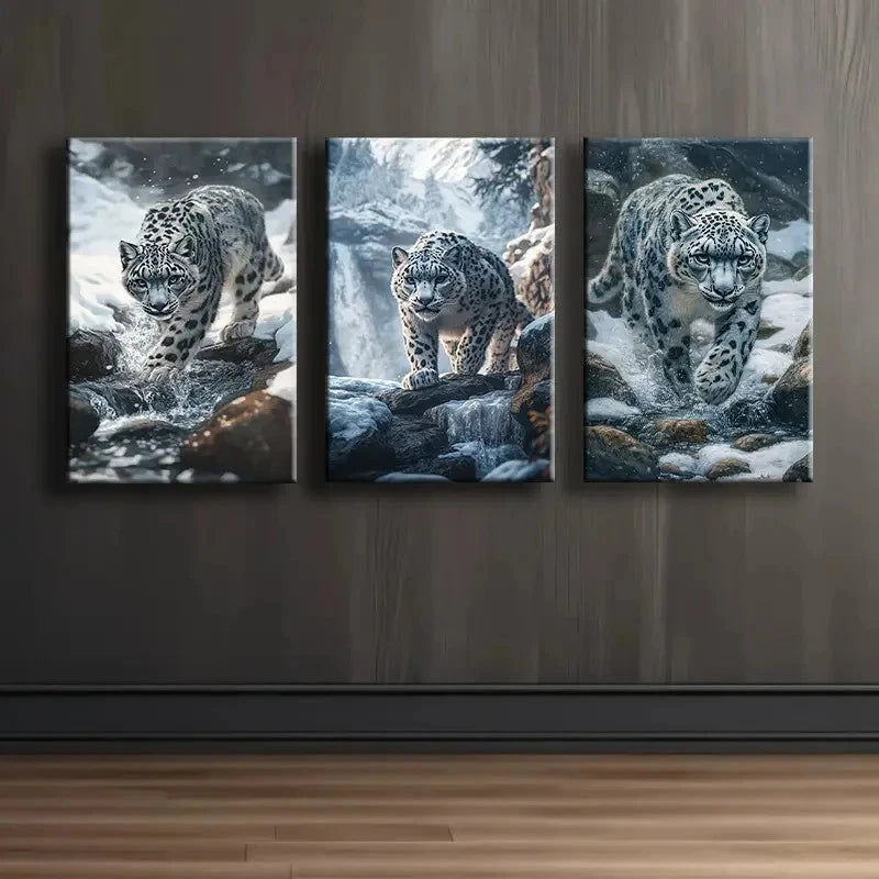 3pcs Snow Leopard Animal Print Wall Art Set Canvas Framed 40x60cm - High Quality Print 100% Australian Made Wall Canvas Ready to Hang